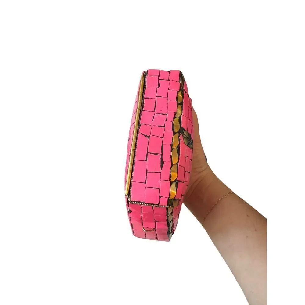 NEW Women's Glossy Pink Mosaic Tiles Gold Accents Semi-Circle Design Clutch